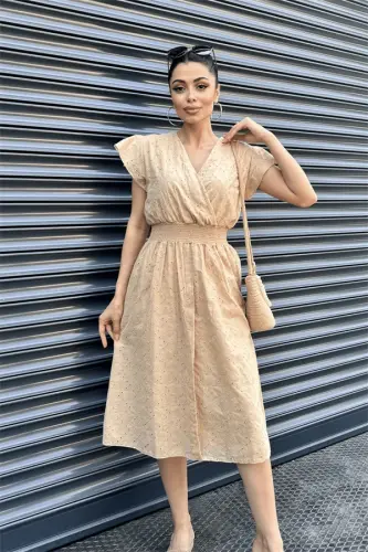 Eyelet Fabric Wrap Dress - CREAM - 4