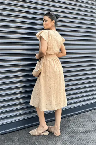 Eyelet Fabric Wrap Dress - CREAM - 5