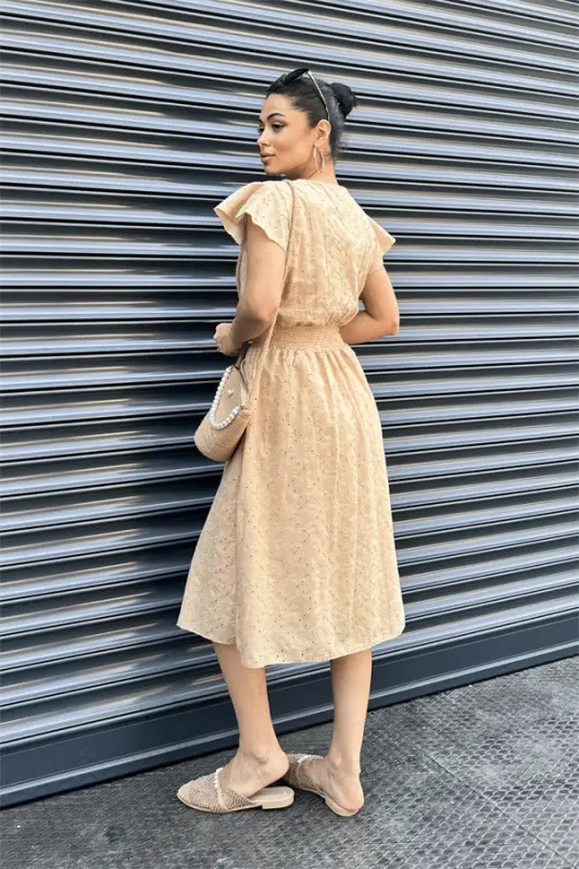 Eyelet Fabric Wrap Dress - CREAM - 5