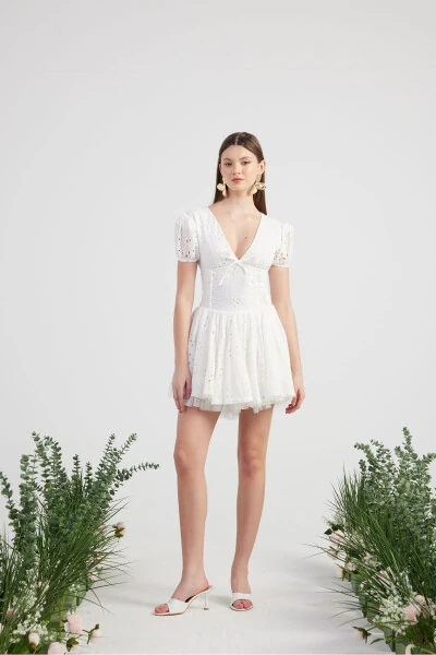 Eyelet Tulle Detailed Mini Tina Dress White - HOLLY LOLLY