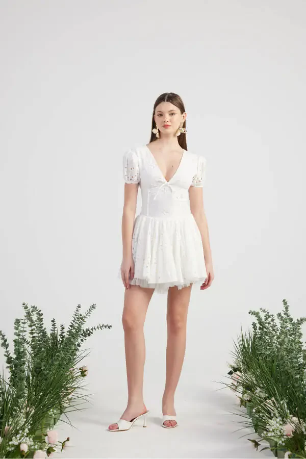 Eyelet Tulle Detailed Mini Tina Dress White - 1