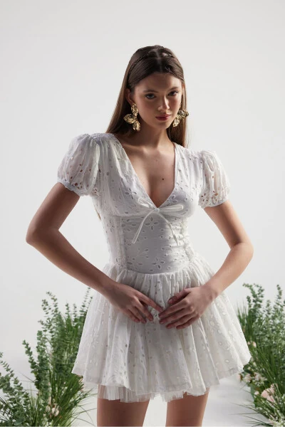 Eyelet Tulle Detailed Mini Tina Dress White - HOLLY LOLLY (1)