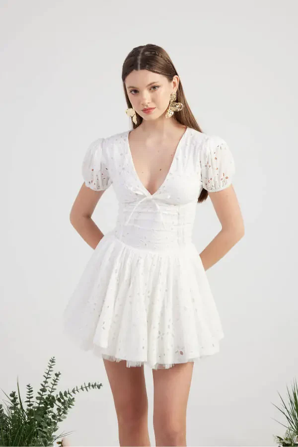 Eyelet Tulle Detailed Mini Tina Dress White - 4