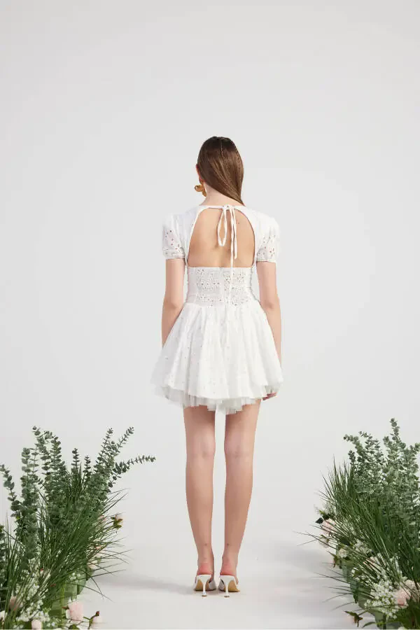 Eyelet Tulle Detailed Mini Tina Dress White - 5
