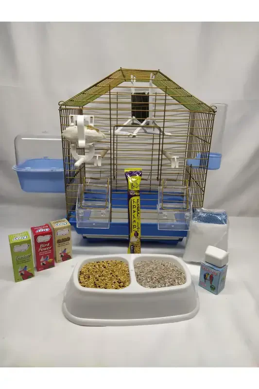 Eyni Petshop O'rtacha Hajmli Chiqib Turadigan Qutuli Sovg'ali To'tiqush Qafasi 30x23x37.. Ko'k Tomli Bo'yalgan - KAFES EYNİ