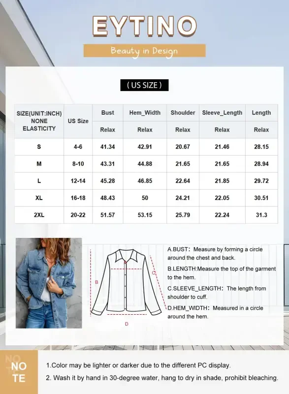 Eytino Denim Jackets for Women Plus Size Long Sleeve Loose Jean Jacket Coats Sky Blue L - 2