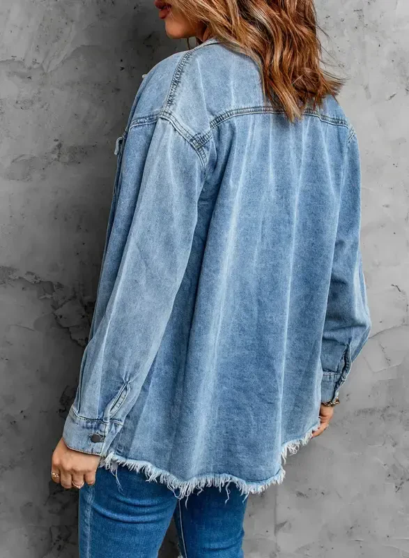 Eytino Denim Jackets for Women Plus Size Long Sleeve Loose Jean Jacket Coats Sky Blue L - 4