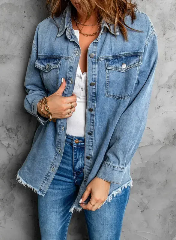 Eytino Denim Jackets for Women Plus Size Long Sleeve Loose Jean Jacket Coats Sky Blue L - 6