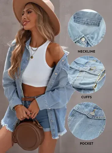 Eytino Denim Jackets for Women Plus Size Long Sleeve Loose Jean Jacket Coats Sky Blue L - 8