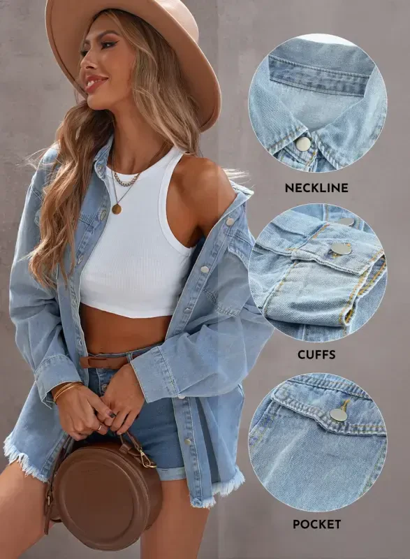 Eytino Denim Jackets for Women Plus Size Long Sleeve Loose Jean Jacket Coats Sky Blue L - 8