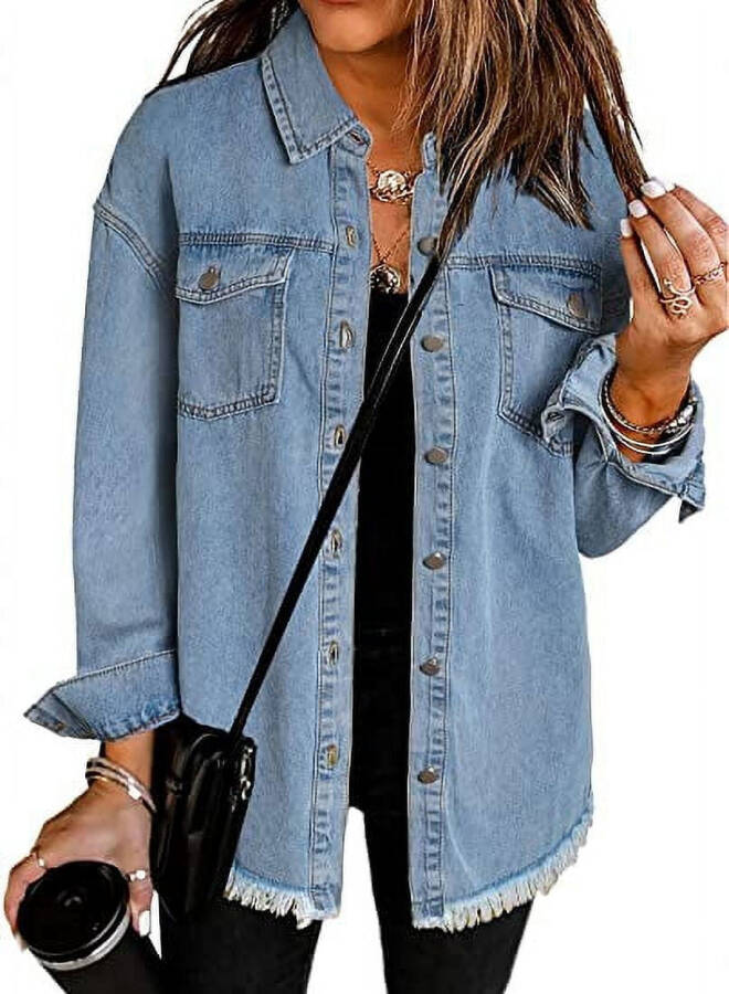 Eytino Denim Jackets for Women Plus Size Long Sleeve Loose Jean Jacket Coats Sky Blue L - 10