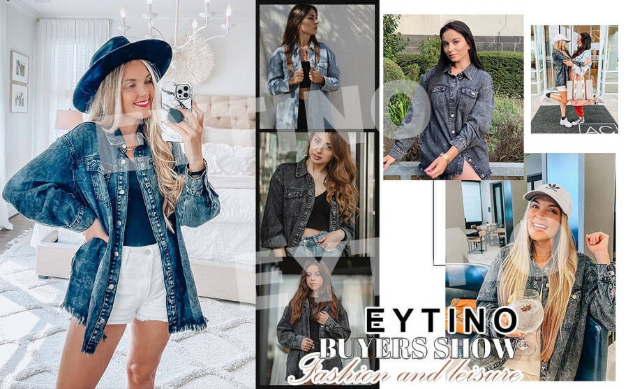 Eytino Denim Jackets for Women Plus Size Long Sleeve Loose Jean Jacket Coats Sky Blue L - 2