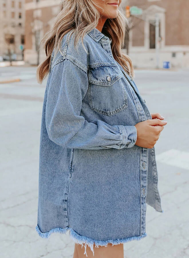 Eytino Denim Jackets for Women Plus Size Long Sleeve Loose Jean Jacket Coats Sky Blue L - 5