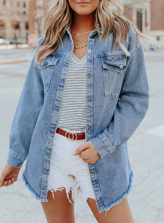 Eytino Denim Jackets for Women Plus Size Long Sleeve Loose Jean Jacket Coats Sky Blue L - 7