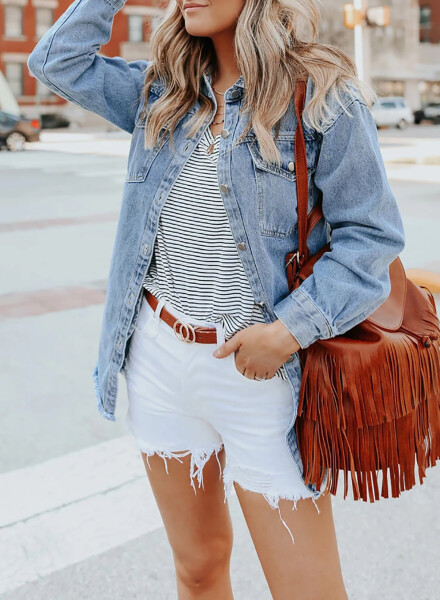 Eytino Denim Jackets for Women Plus Size Long Sleeve Loose Jean Jacket Coats Sky Blue L - 8