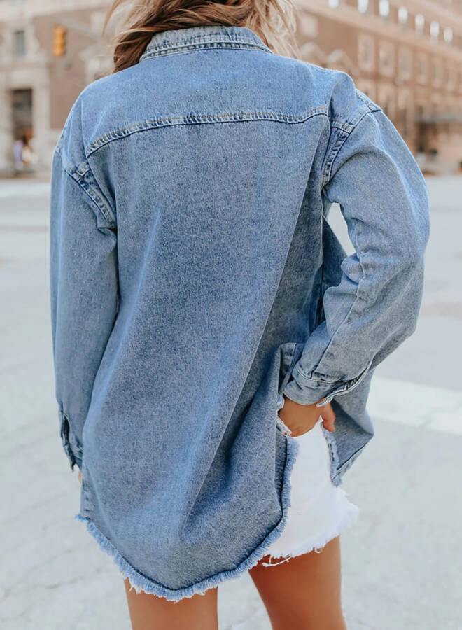 Eytino Denim Jackets for Women Plus Size Long Sleeve Loose Jean Jacket Coats Sky Blue L - 9
