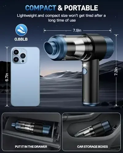 EYYA Handheld Car Vacuum Cleaner Cordless, 15000PA High Power Vacuum & Air Duster, 4-in-1 Portable Mini Vacuum with LED Light, Hand Held Vacuum Cleaner for Car Home Office - 7