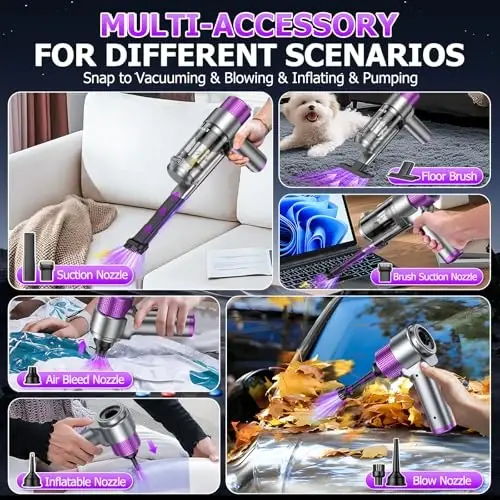 EYYA Handheld Car Vacuum Cleaner Cordless, 16000PA Powerful Hand Held Vacuum Cordless Rechargeable, 4-in-1 Portable Mini Vacuum & Air Duster with Multi-Nozzles and LED Light for Car Home Office - 4
