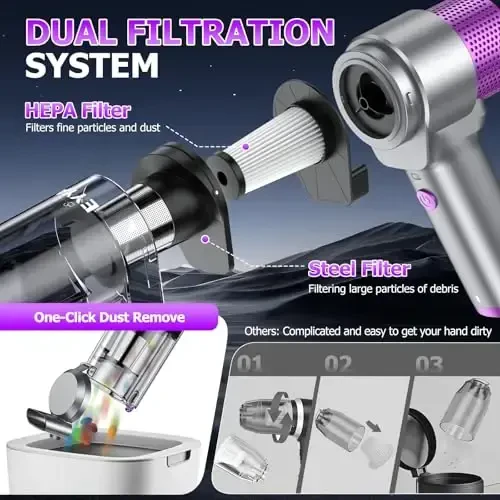 EYYA Handheld Car Vacuum Cleaner Cordless, 16000PA Powerful Hand Held Vacuum Cordless Rechargeable, 4-in-1 Portable Mini Vacuum & Air Duster with Multi-Nozzles and LED Light for Car Home Office - 5