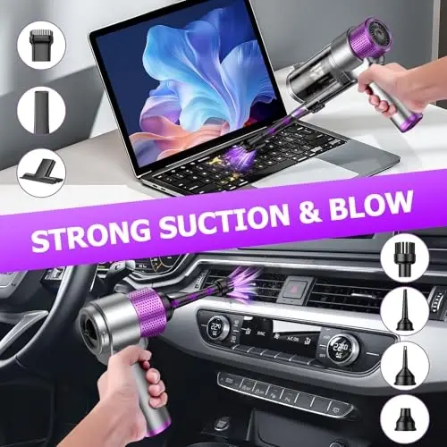 EYYA Handheld Car Vacuum Cleaner Cordless, 16000PA Powerful Hand Held Vacuum Cordless Rechargeable, 4-in-1 Portable Mini Vacuum & Air Duster with Multi-Nozzles and LED Light for Car Home Office - 3