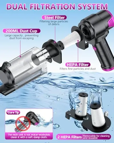 EYYA Handheld Vacuum Cordless, 16KPA High Power Portable Car Vacuum Cleaner & Air Duster, Hand Held Vacuum Cordless Rechargeable with Multi-Nozzles & 2 HEPA Filters for Car Home Office - 5