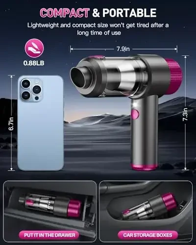 EYYA Ручной автомобильный пылесос без проводов, 15000PA Мощный автомобильный пылесос и воздуходувка, 4-в-1 Портативный мини-автомобильный пылесос со светодиодной подсветкой, Ручной пылесос для автомобиля, дома и офиса - EYYA (1)