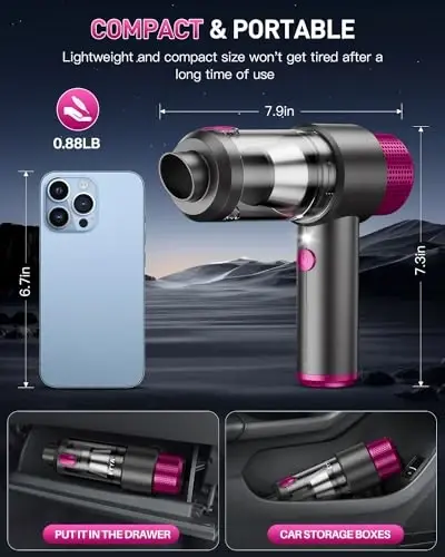 EYYA Ручной автомобильный пылесос без проводов, 15000PA Мощный автомобильный пылесос и воздуходувка, 4-в-1 Портативный мини-автомобильный пылесос со светодиодной подсветкой, Ручной пылесос для автомобиля, дома и офиса - 2