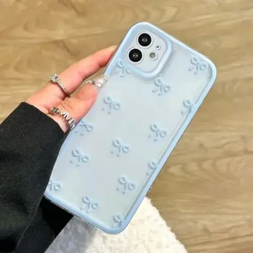 EYZUTAK Case for iPhone 11, Clear Cute Ribbon Bowknot Pattern Aesthetic Transparent Phone Case Raised Camera Protection Stylish Slim Soft Durable TPU Protective Cover for Women Girls - Blue 