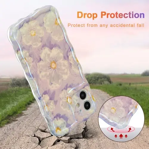 EYZUTAK Case for iPhone 11, Colorful Retro Oil Painting Flower Laser Glossy Pattern Cute Curly Wave Border Exquisite Phone Cover Stylish Durable TPU Protective Case for Girl Women - Light Purple - 3