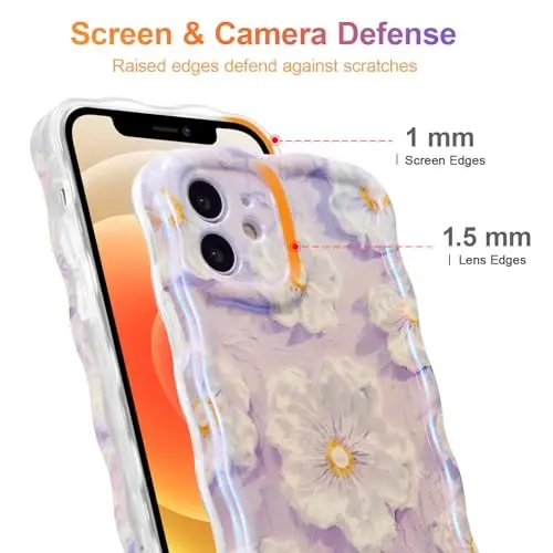 EYZUTAK Case for iPhone 11, Colorful Retro Oil Painting Flower Laser Glossy Pattern Cute Curly Wave Border Exquisite Phone Cover Stylish Durable TPU Protective Case for Girl Women - Light Purple - 4
