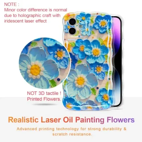 EYZUTAK Case for iPhone 11, Colorful Retro Oil Painting Flower Laser Glossy Pattern Cute Curly Wave Edge Exquisite Phone Cover Stylish Durable TPU Protective Case for Girl Women - Blue - 2