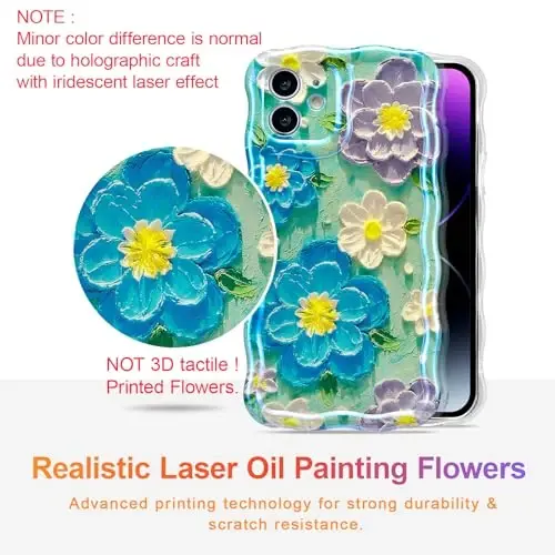 EYZUTAK Case for iPhone 11, Colorful Retro Oil Painting Flower Laser Glossy Pattern Cute Curly Wave Edge Exquisite Phone Cover Stylish Durable TPU Protective Case for Girl Women - Blue Purple - 2