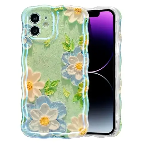 EYZUTAK Case for iPhone 11, Colorful Retro Oil Painting Flower Laser Glossy Pattern Cute Curly Wave Edge Exquisite Phone Cover Stylish Durable TPU Protective Case for Girl Women - Blue White 