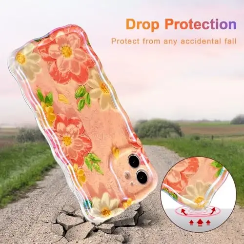 EYZUTAK Case for iPhone 11, Colorful Retro Oil Painting Flower Laser Glossy Pattern Cute Curly Wave Edge Exquisite Phone Cover Stylish Durable TPU Protective Case for Girl Women - Pink White - 3