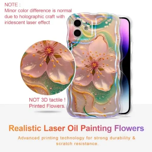 EYZUTAK Case for iPhone 11, Colorful Retro Oil Painting Flower Laser Glossy Pattern Cute Curly Wave Edge Exquisite Phone Cover Stylish Durable TPU Protective Case for Girl Women - Sakura - 2