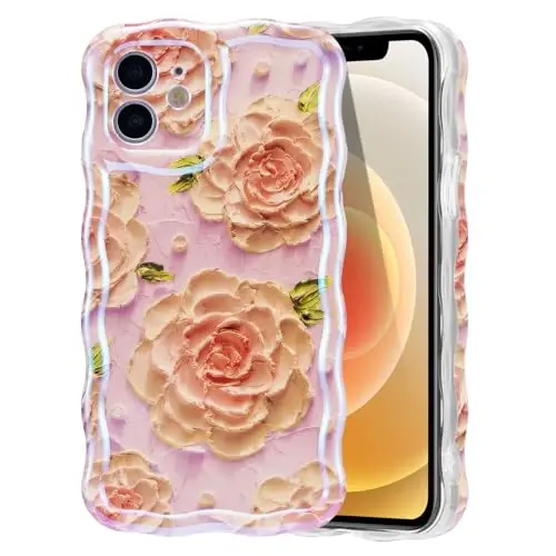 EYZUTAK Case for iPhone 11, Colorful Retro Oil Painting Flower Laser Glossy Pattern Cute Curly Waves Edge Exquisite Phone Cover Stylish Durable TPU Protective Case for Girls Women - Pink Peony 