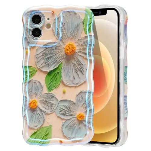 EYZUTAK Case for iPhone 11, Colorful Retro Oil Painting Flower Leaves Laser Glossy Pattern Cute Curly Waves Edge Exquisite Phone Cover Stylish Durable TPU Protective Case for Girls Women - Blue Green - 1