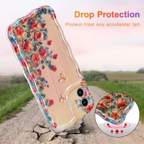EYZUTAK Case for iPhone 11, Colorful Retro Oil Painting Printed Flower Laser Beam Glossy Pattern Cute Curly Waves Border Exquisite Phone Cover Stylish Durable TPU Protective Case for Girls Women-Beige - 3