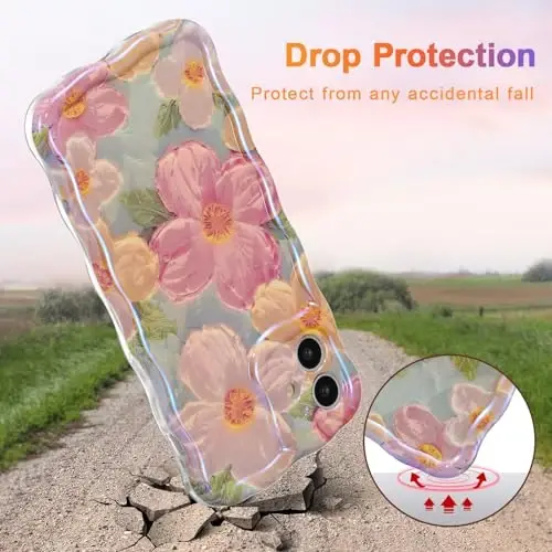 EYZUTAK Case for iPhone 11, Colorful Retro Oil Painting Printed Flower Laser Beam Glossy Pattern Cute Curly Waves Border Exquisite Phone Cover Stylish Durable TPU Protective Case for Girls Women-Green - 3