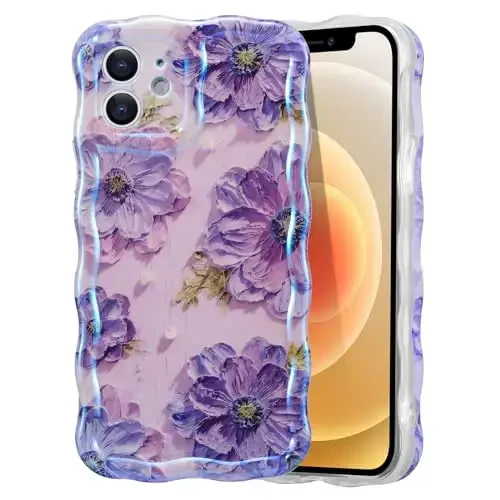 EYZUTAK Case for iPhone 11, Colorful Retro Oil Painting Printed Flower Laser Glossy Pattern Cute Curly Waves Border Exquisite Phone Cover Stylish Durable TPU Protective Case for Girls Women - Purple - EYZUTAK