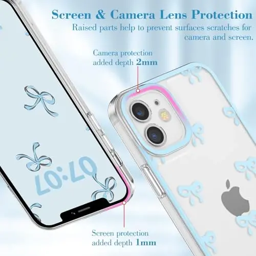 EYZUTAK Case for iPhone 12, Clear Cute Ribbon Bowknot Pattern Aesthetic Transparent Phone Case Raised Camera Protection Stylish Slim Soft Durable TPU Protective Cover for Women Girls - Blue - 2