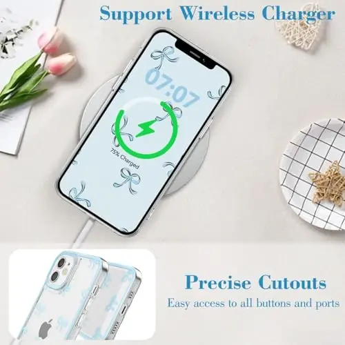 EYZUTAK Case for iPhone 12, Clear Cute Ribbon Bowknot Pattern Aesthetic Transparent Phone Case Raised Camera Protection Stylish Slim Soft Durable TPU Protective Cover for Women Girls - Blue - 5