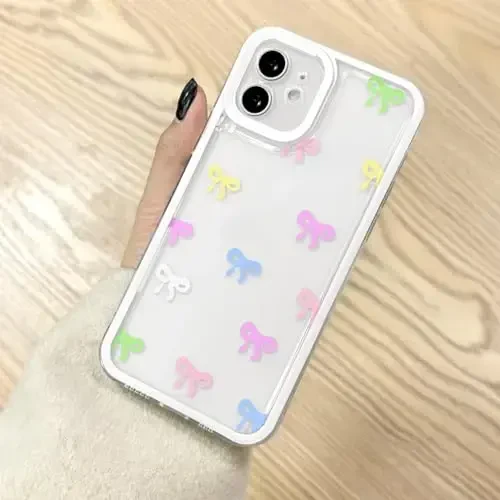 EYZUTAK Case for iPhone 12, Clear Cute Ribbon Bowknot Pattern Aesthetic Transparent Phone Case Raised Camera Protection Stylish Slim Soft Durable TPU Protective Cover for Women Girls - Colorful 