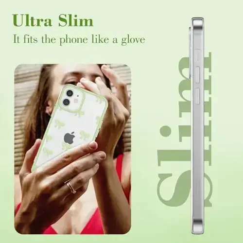 EYZUTAK Case for iPhone 12, Clear Cute Ribbon Bowknot Pattern Aesthetic Transparent Phone Case Raised Camera Protection Stylish Slim Soft Durable TPU Protective Cover for Women Girls - Green - 9