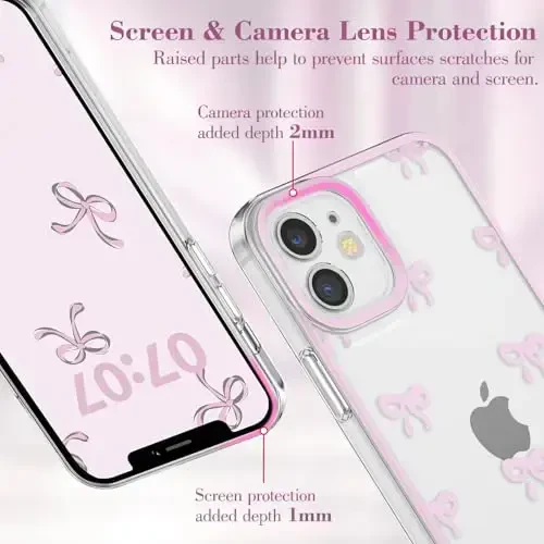 EYZUTAK Case for iPhone 12, Clear Cute Ribbon Bowknot Pattern Aesthetic Transparent Phone Case Raised Camera Protection Stylish Slim Soft Durable TPU Protective Cover for Women Girls - Pink - 2