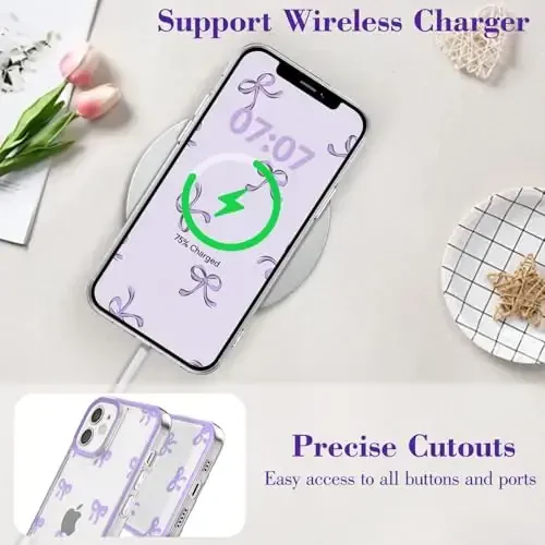 EYZUTAK Case for iPhone 12, Clear Cute Ribbon Bowknot Pattern Aesthetic Transparent Phone Case Raised Camera Protection Stylish Slim Soft Durable TPU Protective Cover for Women Girls - Purple - 8
