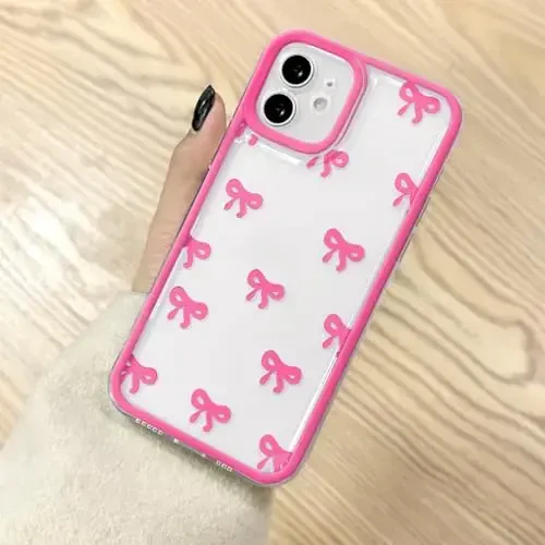 EYZUTAK Case for iPhone 12, Clear Cute Ribbon Bowknot Pattern Aesthetic Transparent Phone Case Raised Camera Protection Stylish Slim Soft Durable TPU Protective Cover for Women Girls - Rose Red - EYZUTAK