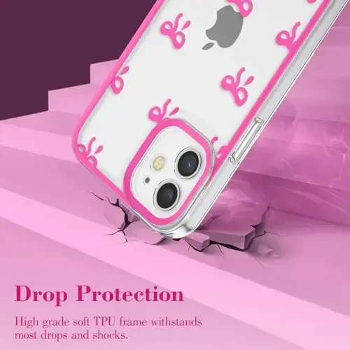 EYZUTAK Case for iPhone 12, Clear Cute Ribbon Bowknot Pattern Aesthetic Transparent Phone Case Raised Camera Protection Stylish Slim Soft Durable TPU Protective Cover for Women Girls - Rose Red - 3