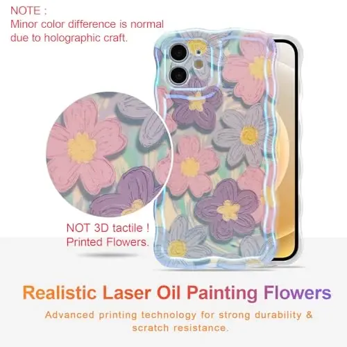 EYZUTAK Case for iPhone 12, Colorful Retro Oil Painting Flower Laser Glossy Design Cute Curly Waves Edge Exquisite Phone Cover Stylish Durable TPU Protective Case for Girls Women - Pink Purple - 2