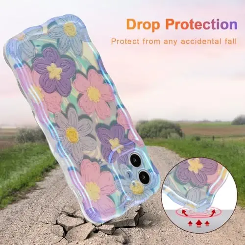 EYZUTAK Case for iPhone 12, Colorful Retro Oil Painting Flower Laser Glossy Design Cute Curly Waves Edge Exquisite Phone Cover Stylish Durable TPU Protective Case for Girls Women - Pink Purple - 3